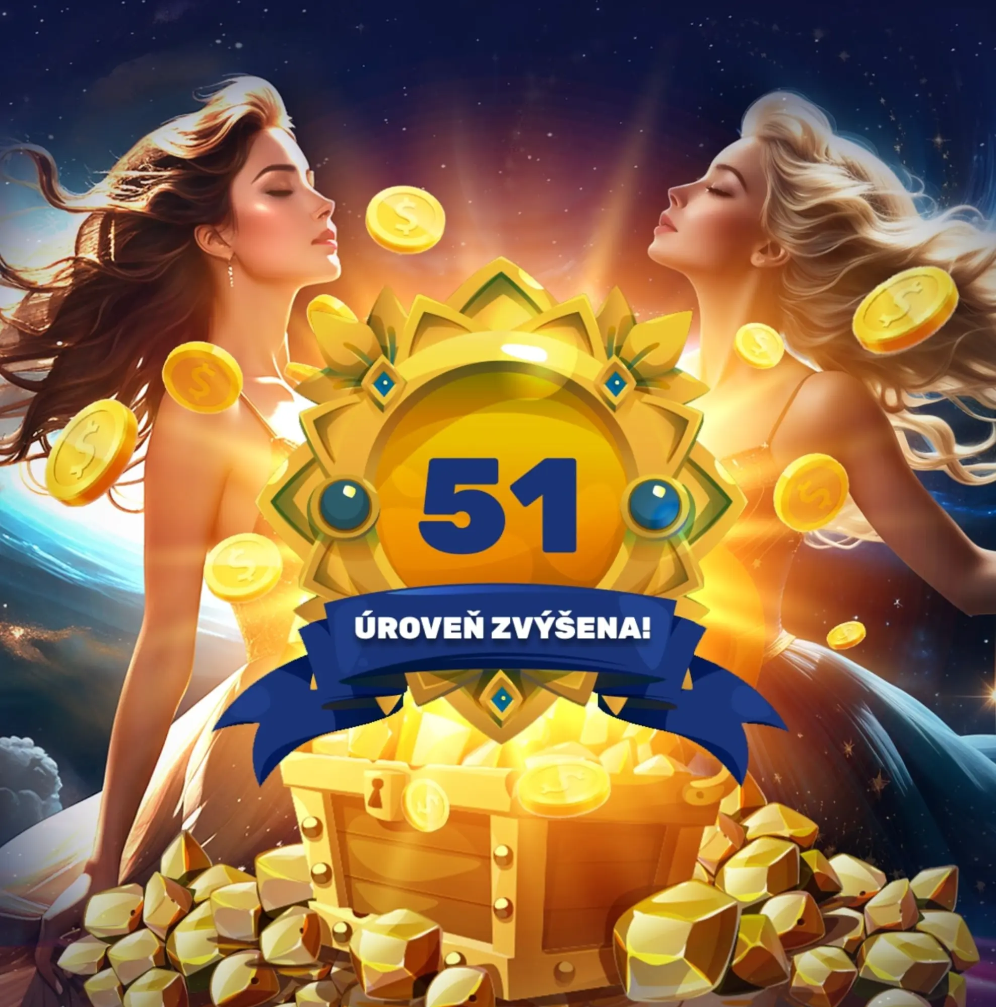 Úroveň zvýšena — 51 (truhla se zlaťáky). Grafika „ÚROVEŇ ZVÝŠENA!“ — zlatý odznak s číslem 51, truhla plná zlaťáků, po stranách dvě postavy na kosmickém pozadí.